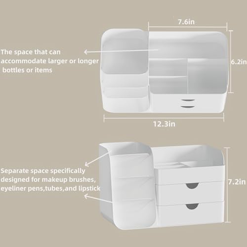 Large Makeup Organizer for Vanity with Drawers and Brush Holder, White