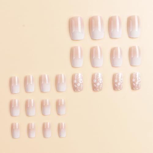 White Gradient Press-On Nails with Flower Design - 24 Pieces