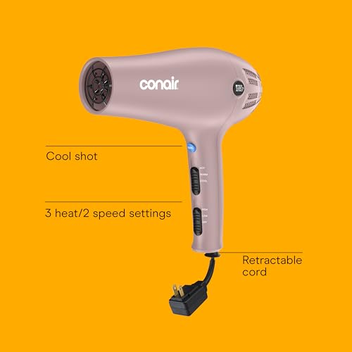 Conair Hair Dryer with Retractable Cord, 1875W Blow Dryer, 3 Heat Settings, 2 Speeds, Blow Dryer with Diffuser and Concentrator Attachments, Ionic + Tourmaline Technology, Matte Light Pink