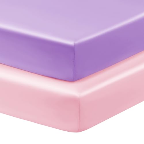 Horbaunal 2 Pack Satin Mini Crib Sheets for Sensitive Skin - Blush Pink & Violet