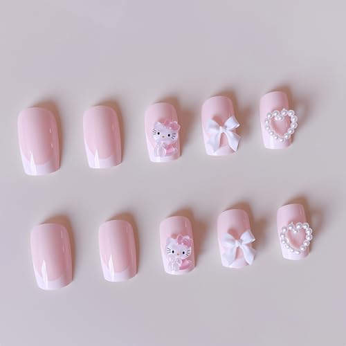 Pink 8 Pcs French Tip Press-On Nails Short Square Fake Nails with Pearls & Bows for Women