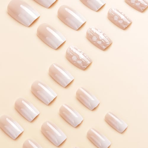 White Gradient Press-On Nails with Flower Design - 24 Pieces