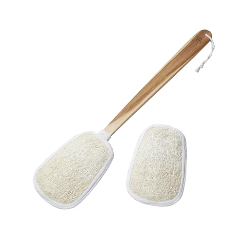 FAAY 17-Inch Natural Loofah Back Scrubber with Long Teak Handle
