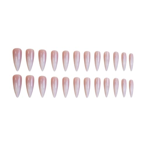 SINHOT Long Stiletto Press On Nails with Design - 24 pcs, White Gradient, Nude, Glossy Glue-On Fake Nails, Model 72FN0001