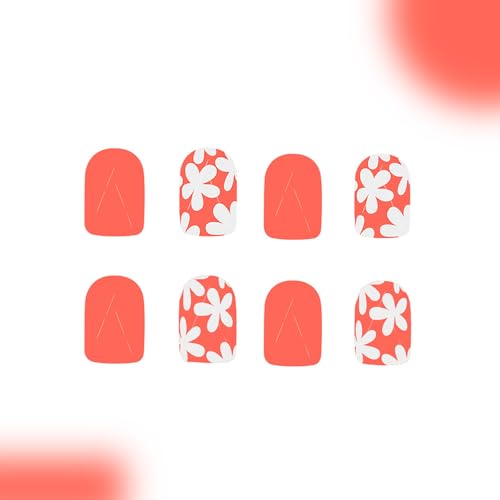 24Pcs Orange Flower Press on Nails - Short Square Acrylics