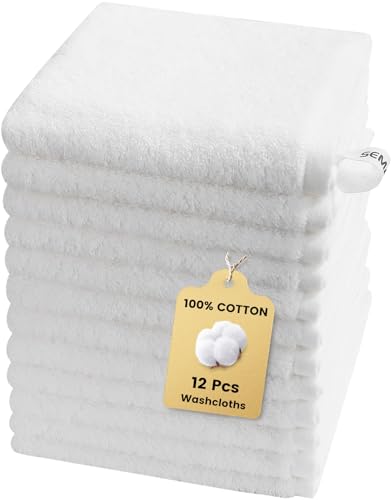SEMAXE 12-Pack Cotton Washcloths with Hanging Loops - Soft White Face Towels
