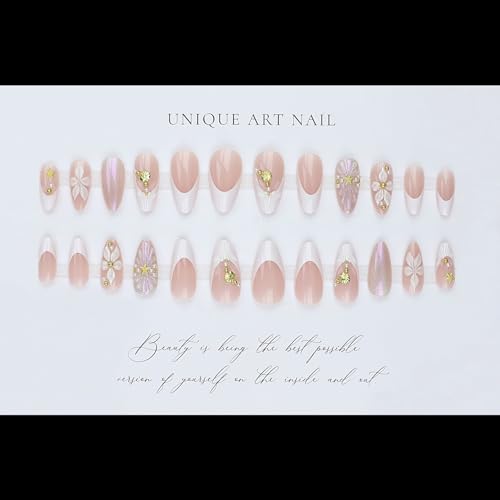 Rhspayh Press On Nails Medium Almond French Flower Starfish Design 24Pcs - Nails14
