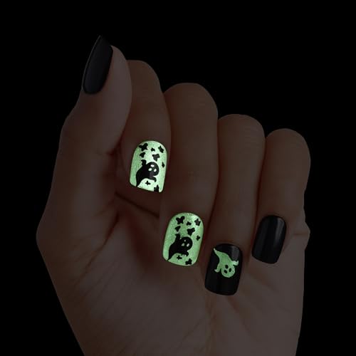 KISS imPRESS Halloween Press On Nails - Glow-in-the-Dark Black Squoval