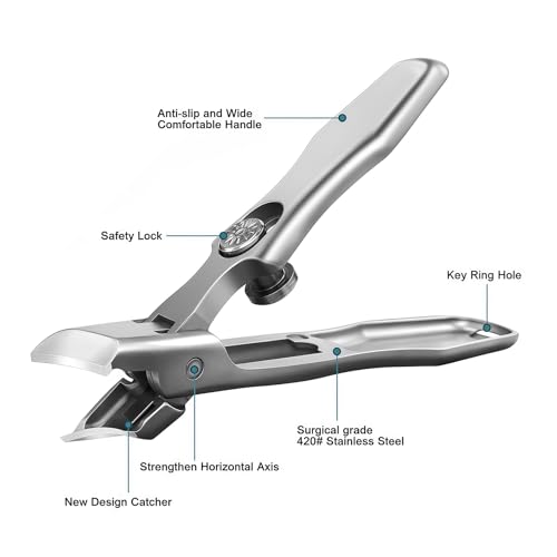 VOGARB Silver Large Ingrown Toenail Clippers with Wide Jaw, Anti-Splash Safety Lock & Nail File