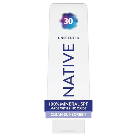 Native Mineral Sunscreen Lotion SPF 30, Unscented, with 100% Mineral Zinc Oxide for Face & Body, Hawaii Compliant, Vegan, No White Cast - 7 oz