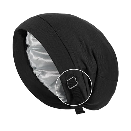 6LK Black Satin Lined Bonnet Sleep Cap for Curly Hair & Braids