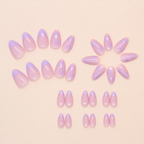 30 Pcs Purple Flower French Tip Press On Nails - Acrylic Almond Shape