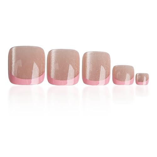KEHKFSEF French Tip Press-On Toenails Short Square 14 Pink Glitter Fake Nails Spring Summer
