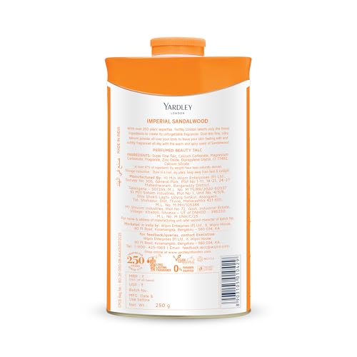 Yardley Sandalwood Perfumed Talc 250g - Soft, Spicy Fragrance for Sensitive Skin