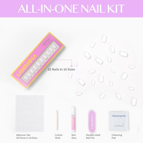 LAMIMOSA White Press on Nails Kit - 32 Extra Short Round Nails