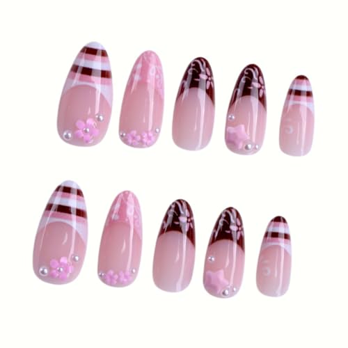 Medium Almond Press-On Nails with French Tips & 3D Design - 24 Pcs