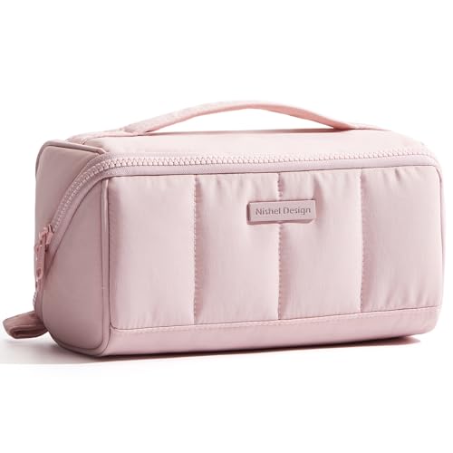 NISHEL Travel Makeup Bag - Open Flat Organizer Pouch, Pink
