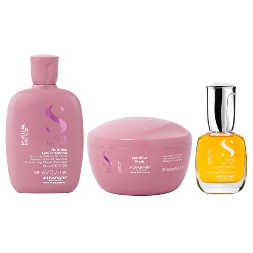 Alfaparf Milano Semi di Lino Moisture Shampoo, Hair Mask for Dry Hair and Cristalli Liquidi Hair Oil Serum (15ml) - Moisturizing Sulfate Free Shampoo - Hydrating Hair Mask