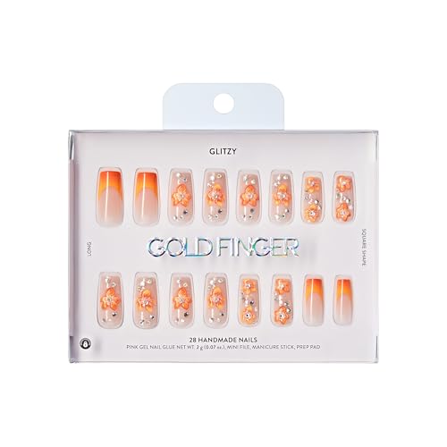 Goldfinger Grand Long Square 3D Handmade Press On Nail Kit with Rhinestones, Reusable, Lasts 2 Weeks