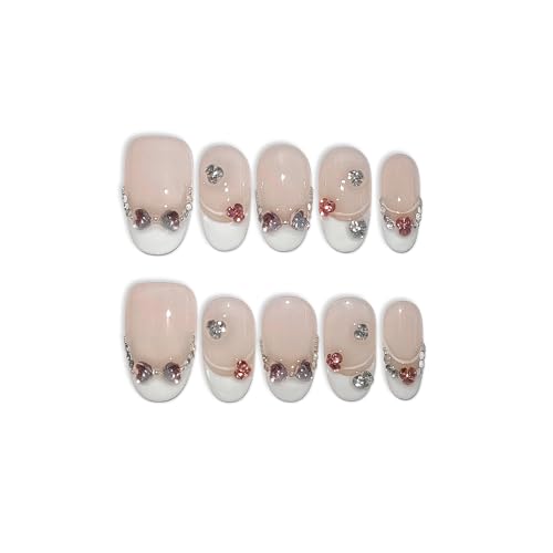 TENPAL Handmade Press On Nails Kit - Milky Pink Hearts & Bow (M)