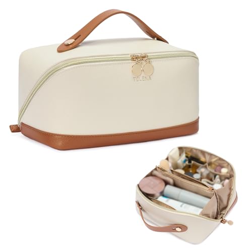 Telena Beige Leather Makeup Bag - Waterproof Travel Cosmetic Organizer with Handle & Divider