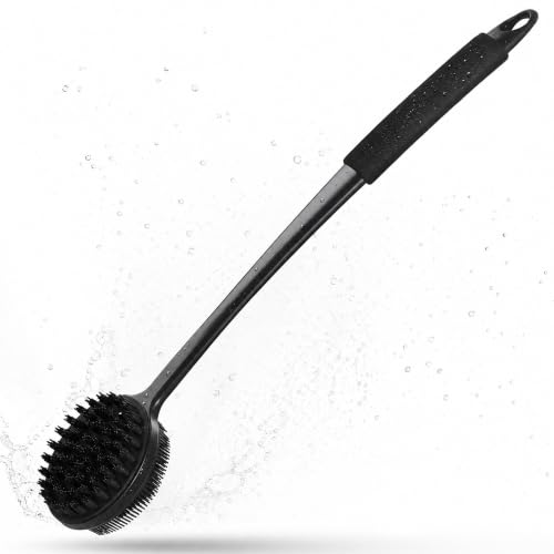 CYMPHW Black Silicone Back Scrubber with 17-Inch Long Handle - Double-Sided Body Brush