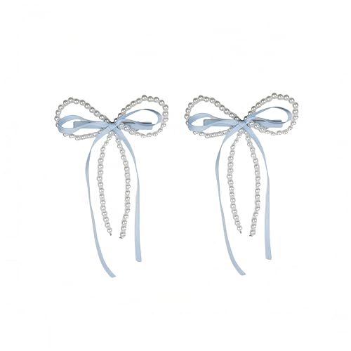 Light Blue Pearl Bow Hair Clips - Adjustable Set of 2 for Girls & Women