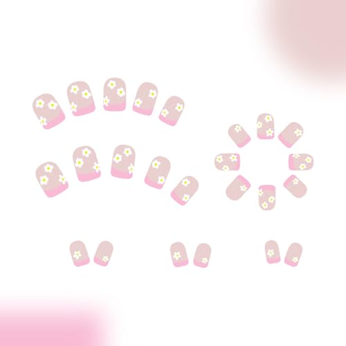 Pink French Tip Press-On Nails with Flower Design - 24 Pcs
