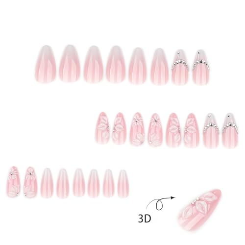 24 Pcs White Almond French Tip Press on Nails with Rhinestones