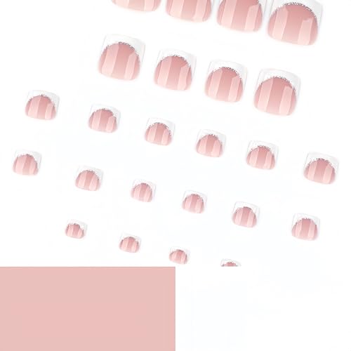 24 Pcs French Tip Press-On Toenails - Glossy Glitter Short Square