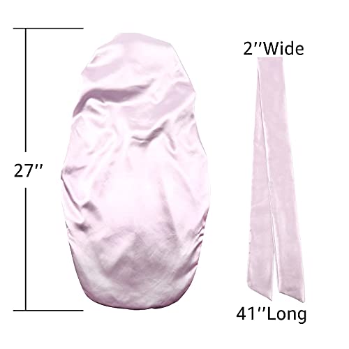 X-Large Satin Sleep Bonnet for Women - Double-Layer Long Hair Cap with Tie Band, Lilac Purple