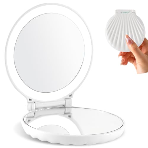 3.5" Compact Makeup Mirror with Lights - 2-Sided Folding, Shatterproof, Unique Shell Design, Gifts for Women
