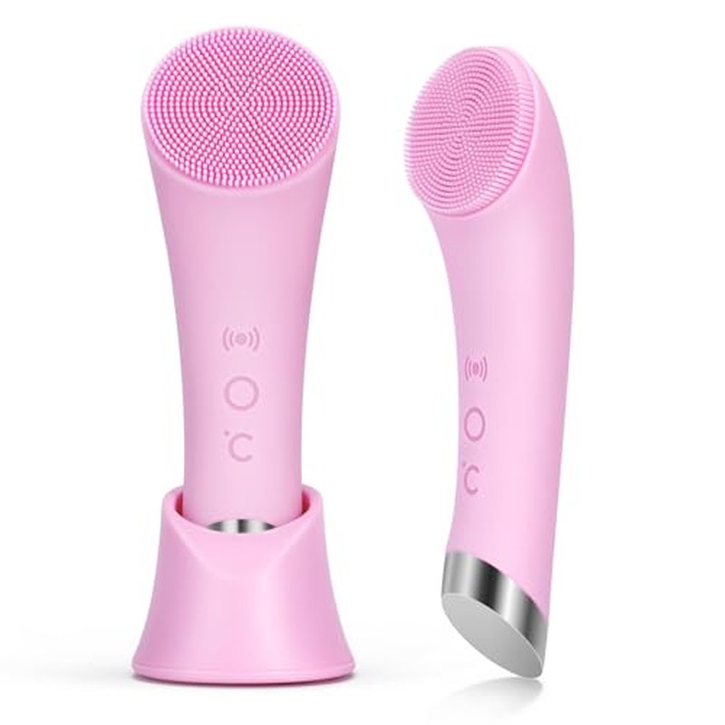 PRITECH Facial Cleansing Brush, Rechargeable Silicone Face Scrubber with Heat Massage End, Vibrating Exfoliator Scrubber for Deep Cleaning, Waterproof Face Brush for Women and Men (Pink)
