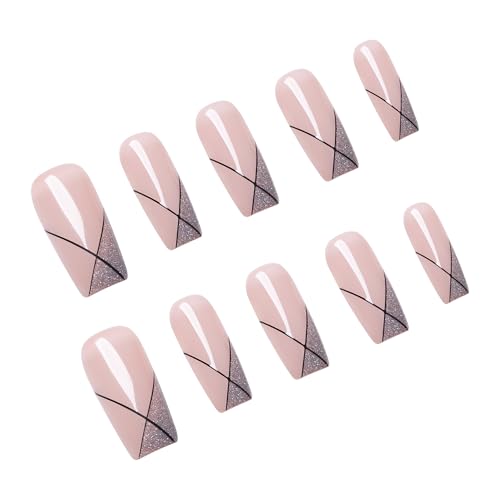 MOKAYIMO Handmade Press On Nails, Medium Square Nude & Silver Glitter