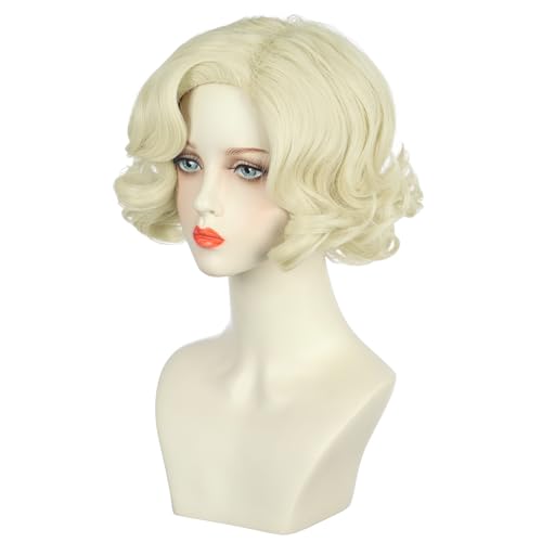 Yuehong Short Curly 1920s Platinum Blonde Wig for Women
