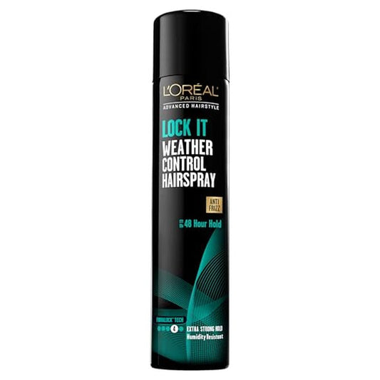 L'Oreal Paris LOCK IT Weather Control Hairspray, 48-Hour Extra Strong Hold Formula with Humidity Resistant Frizz Control, Lightweight Finishing Spray for All Hair Types, 8.25 oz