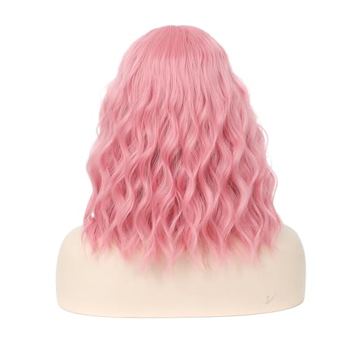 CLIONE Pink Bob Wig with Bangs - Short Wavy Synthetic Hair 14”