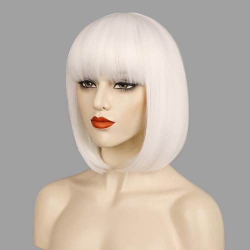12 Inch White Synthetic Bob Wig with Bangs for Women, Short Straight Hair for Halloween & Parties