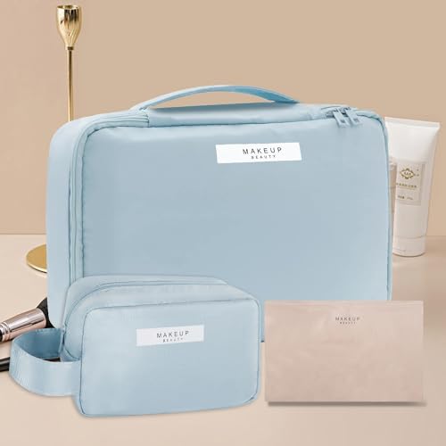 Queboom Blue 3-Piece Travel Makeup & Cosmetic Bag Set Waterproof Nylon