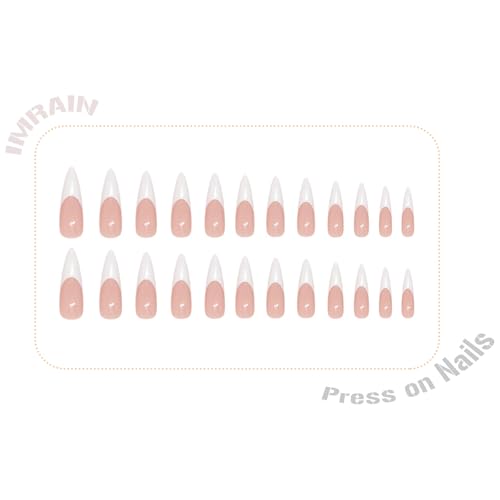 IMRAIN White French Tip Press On Nails - Long Stiletto Acrylic 24 Pcs