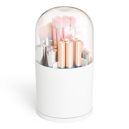 Yieach White Rotating Acrylic Makeup Brush Organizer with Lid, 6 Compartments, Vanity & Bathroom Storage