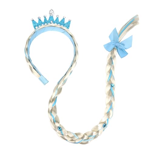 Blue Braided Costume Headband with Crown, Long Blonde Braid Hair Accessory