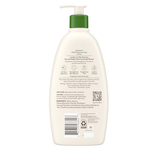 Aveeno Daily Moisturizing Body Lotion for Normal to Dry Skin, Moisturizer with Soothing Prebiotic Oat, Non Greasy, Non Comedogenic, Fragrance Free Body Lotion for Women & Men, 18 Fl Oz