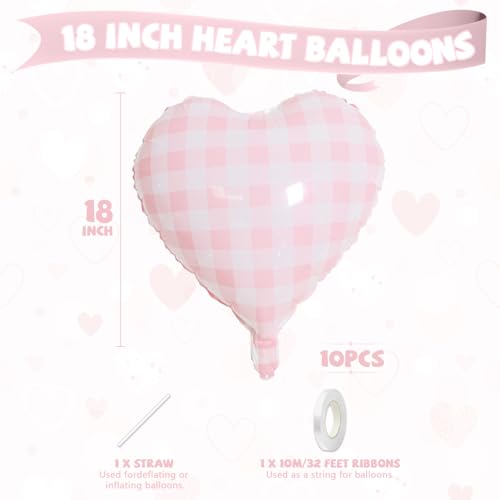 10PCS Pink Checkered Heart Foil Balloons - 18 Inch Party Decor