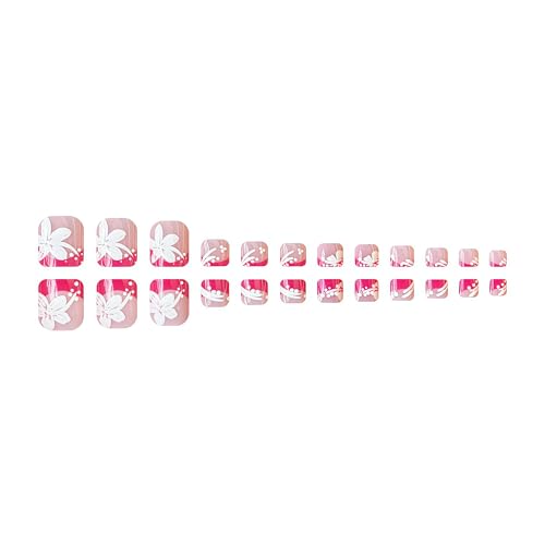 Sxidrosck White Hibiscus Fake Toenails - Pink French Tips, Short Square, Reusable Summer Floral Acrylic Toe Nails for Women
