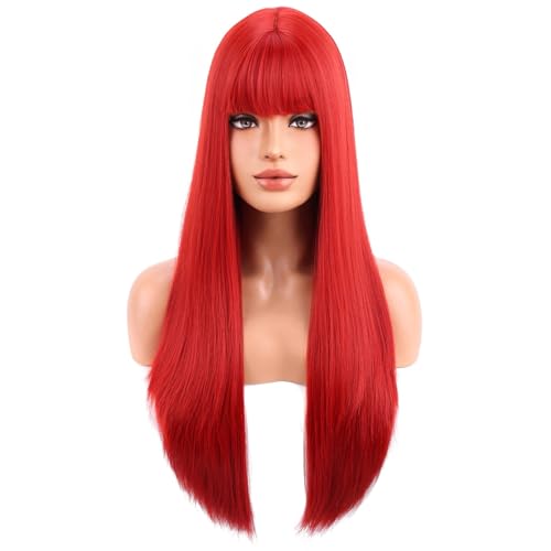 BERON 26-Inch Red Straight Wig with Bangs Heat-Resistant Synthetic Hair