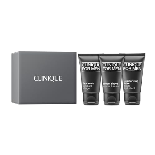 Clinique For Men Shave Gift Set | Face Scrub | Cream Shave | Moisturizing Lotion | Exfoliating + Moisturizing | Includes 3 Travel Size Pieces | Perfect for Him