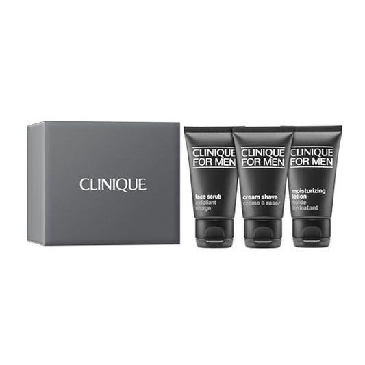 Clinique For Men Shave Gift Set | Face Scrub | Cream Shave | Moisturizing Lotion | Exfoliating + Moisturizing | Includes 3 Travel Size Pieces | Perfect for Him