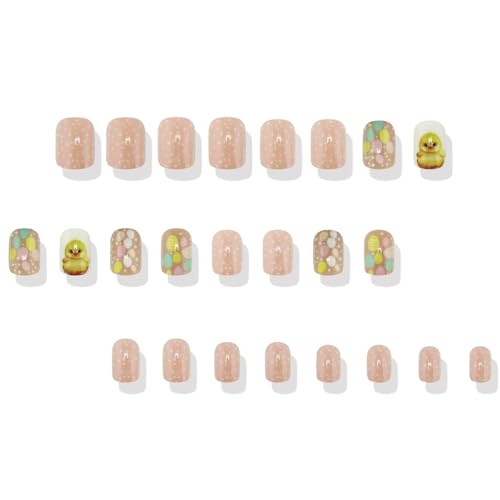 Easter Style 03 Short Press On Nails 24pcs Pink Easter Egg & Duck Design for Women & Girls