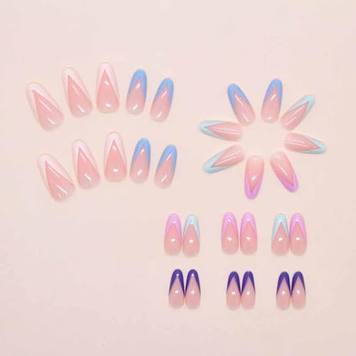 Almond Press-On Nails Medium Length Nude Pink with Colorful French Tips 24 Pcs